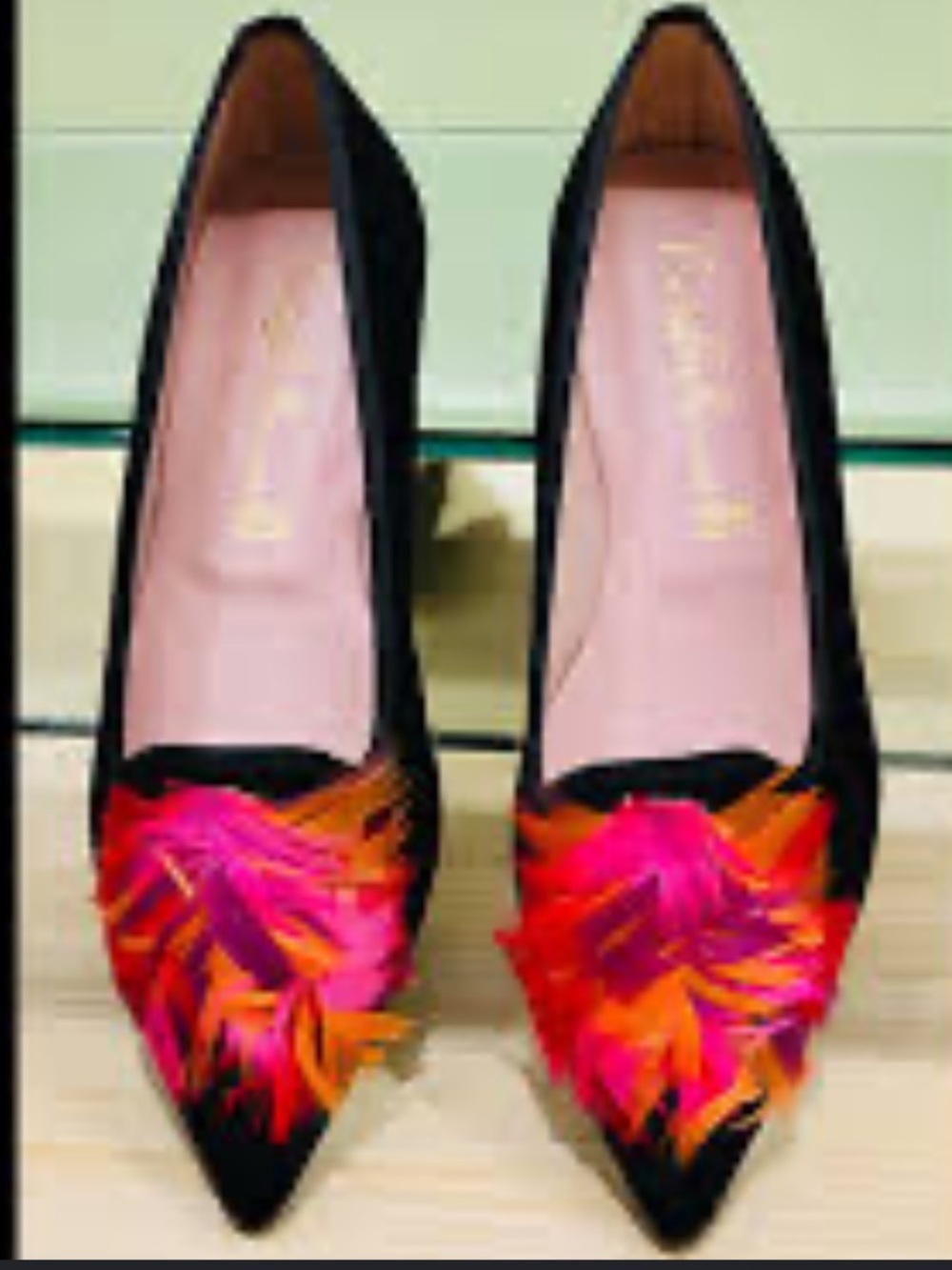NWOT Pretty Ballerinas Black Suede Ella Feather Pointed Flats Sz EU 35/ US 5